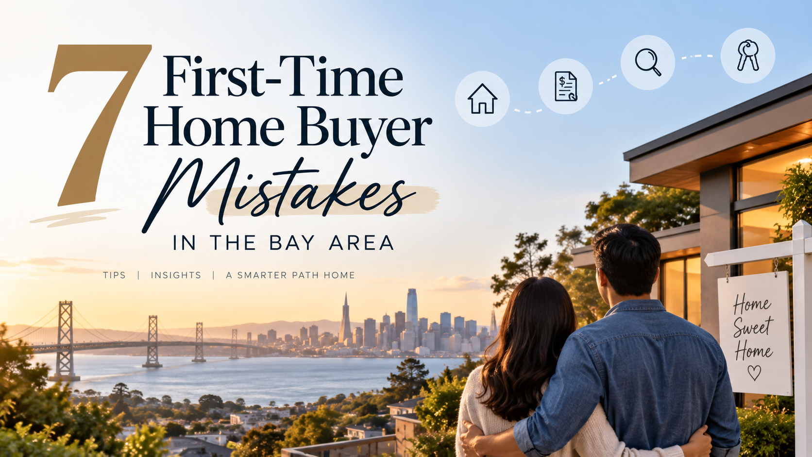 Seven first-time home buyer mistakes in the Bay Area, illustrated with a couple viewing a modern home overlooking the San Francisco Bay and skyline.