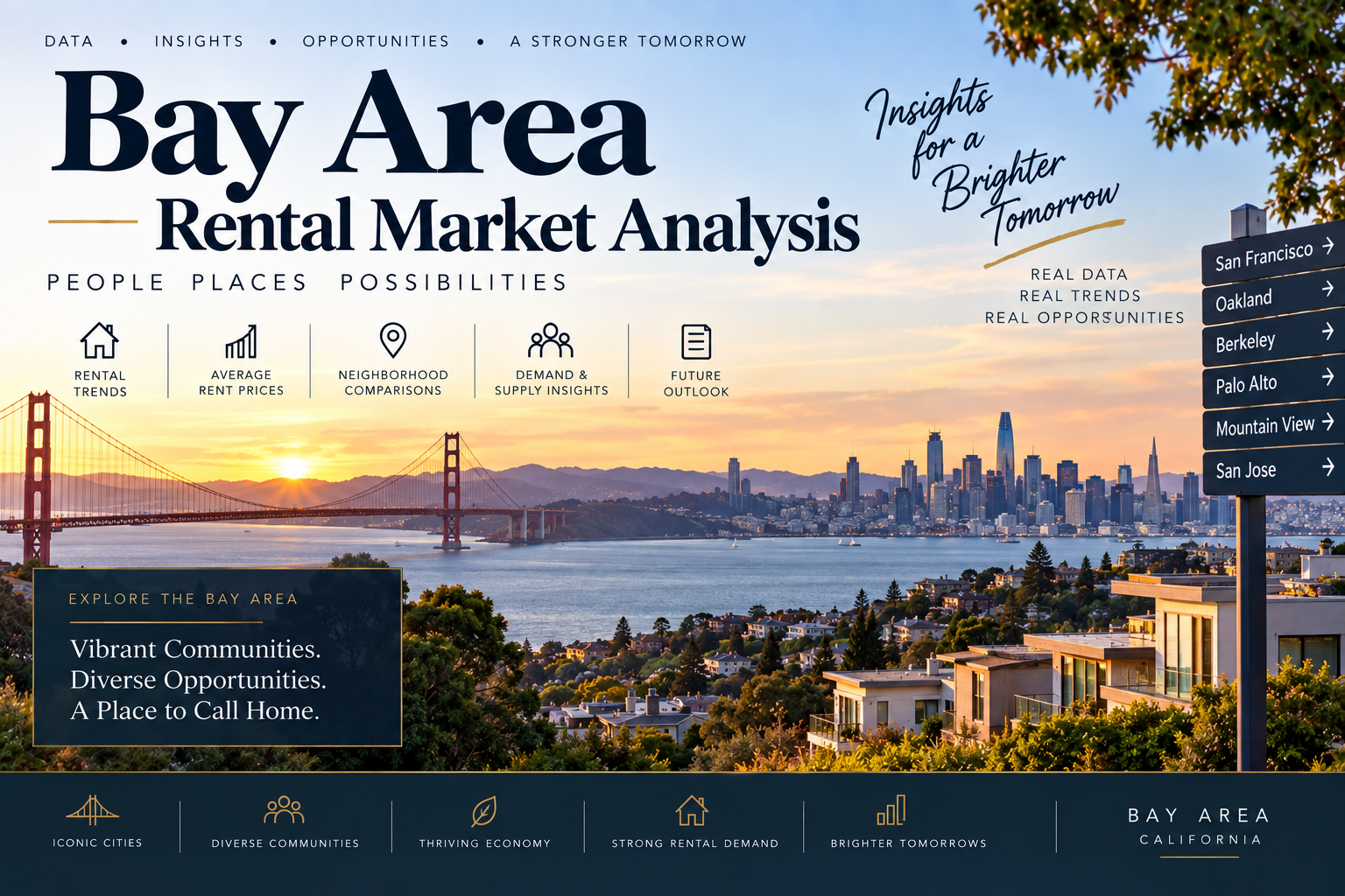 Bay Area rental market analysis banner featuring the San Francisco skyline, Golden Gate Bridge, bay, and residential neighborhoods, with icons highlighting rental trends, average rent prices, neighborhood comparisons, supply and demand, and market outlook.