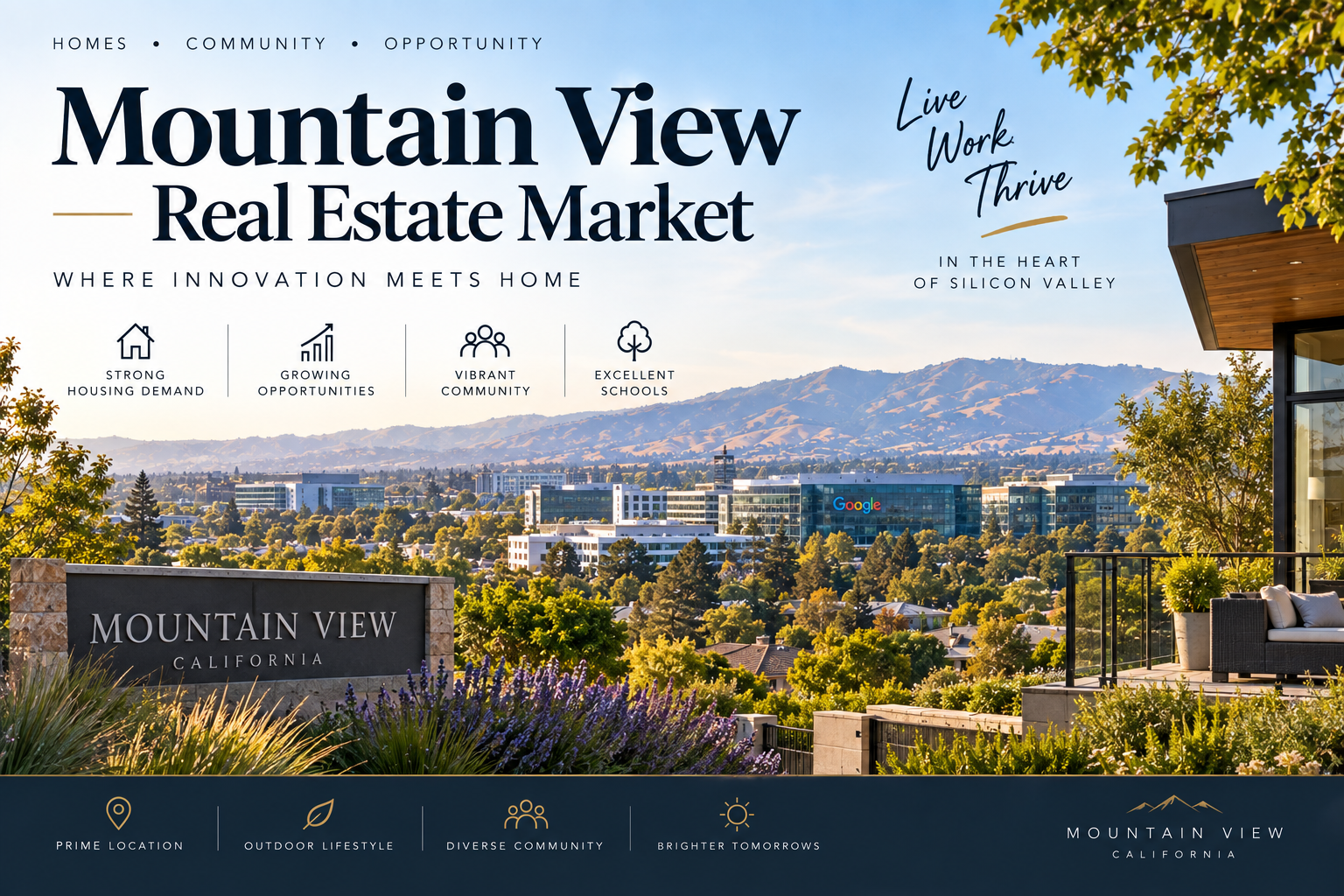 Mountain View real estate market banner featuring Silicon Valley homes, modern buildings, scenic hills, landscaped outdoor spaces, and a Mountain View, California sign, with messaging about housing demand, community, schools, and opportunity.
