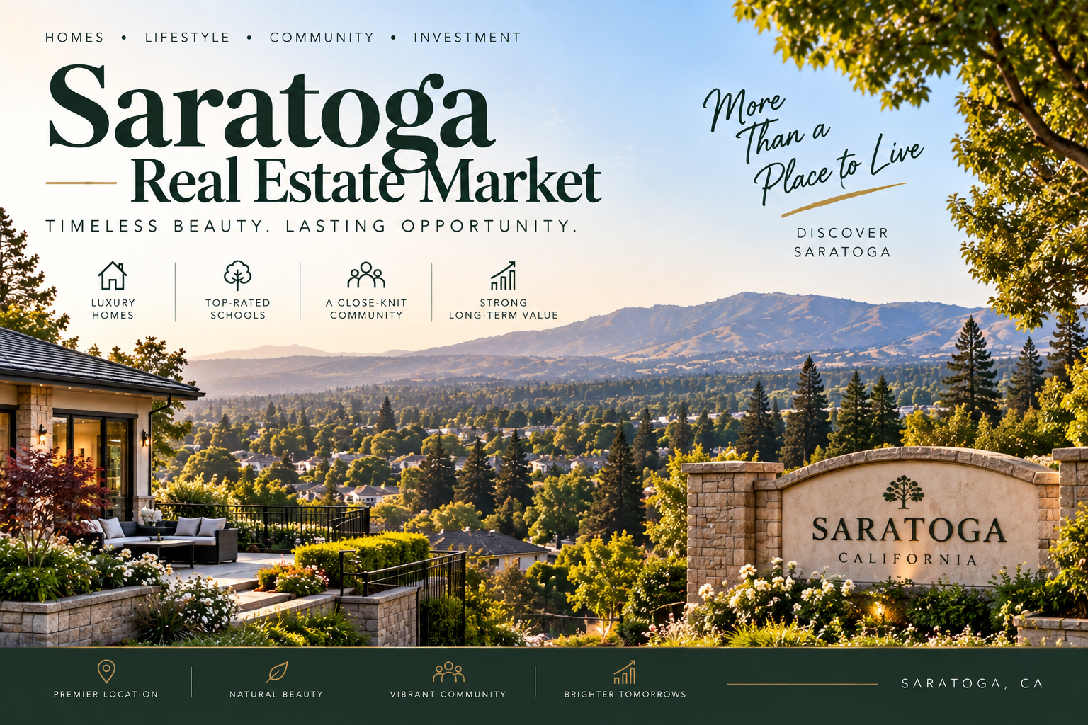 Saratoga real estate market banner featuring luxury homes, landscaped gardens, a scenic valley with distant mountains, and a Saratoga, California sign, highlighting schools, community, location, and long-term real estate value.