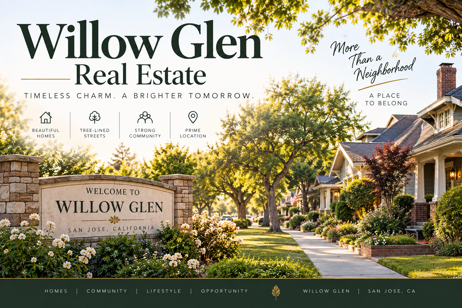 Willow Glen real estate banner featuring charming homes, tree-lined streets, landscaped gardens, and a welcoming Willow Glen sign in San Jose, California, with the message “More Than a Neighborhood.”